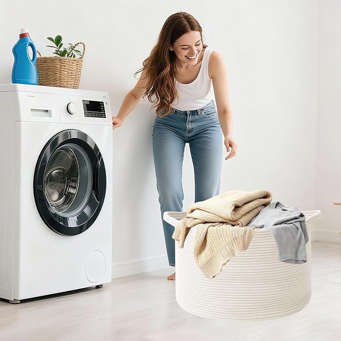 Large Blanket Basket for Organizing,115L Closet Organizers and Storage Bins Box for Shelves Woven Rope Storage Baskets,Living Room,Bedroom,Dorm,Laundry room (White)