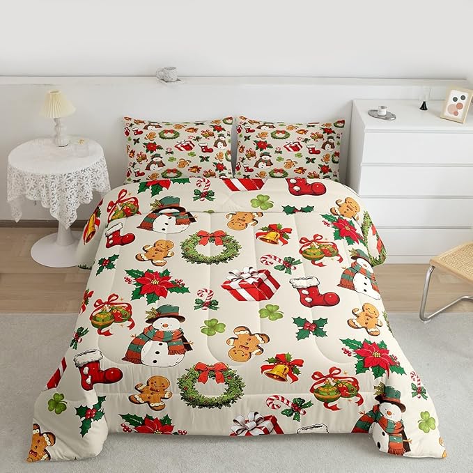 jejeloiu Merry Christmas Comforter Set Queen Size Cute Snowman Bedding Set for Kids Boys Girls Gingerbread Man Duvet Quilt Beige Bedroom Decor