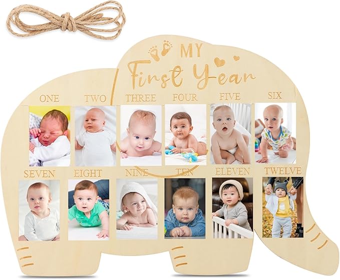 My First Year Picture Frame, Baby’s First Year Photo Display Wood Board 12 Months Milestone Board Birthday Baby Keepsake Nursery Decor Gift for Boy Girl(SIZE:Elephant)