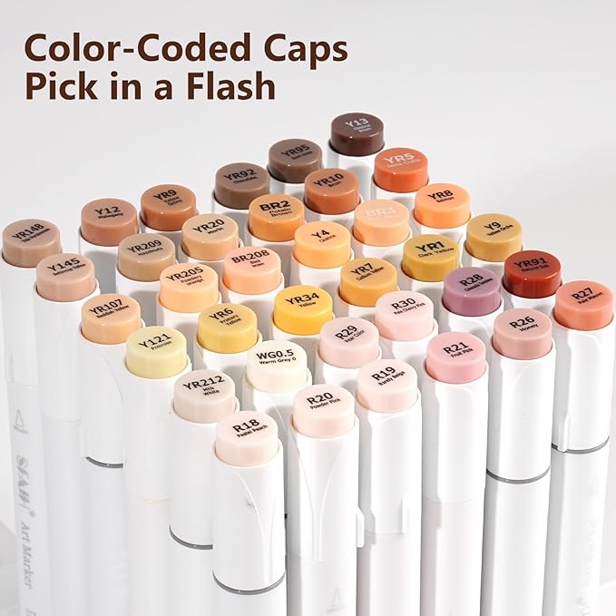 SFAIH Skin Tone Alcohol Markers Brush & Chisel - 37 Portrait Color Permanent Markers for Adults/Teen/Artists/Creators, Blendable Art Markers for Coloring Sketch & Drawing & Illustration-Refillable Ink
