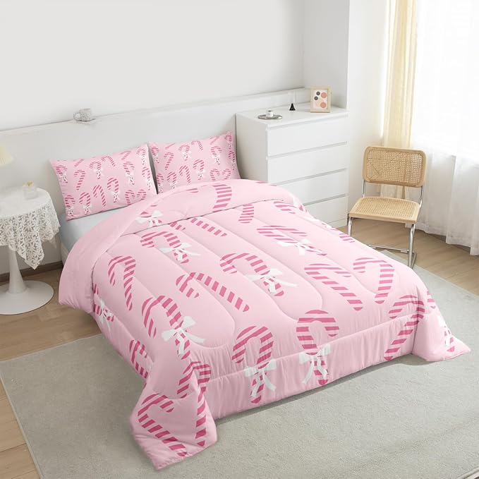 Feelyou Merry Christmas Comforter Set King Size Pink Candy Cane Bedding Set for Kids Boys Girls Bow Duvet Quilt Bedroom Decor Microfiber 3 Pcs with 2 Pillow Cases