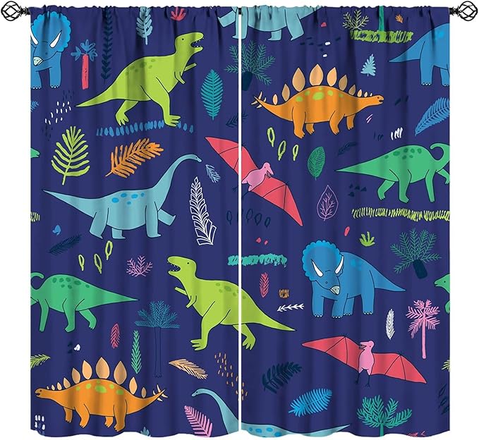 Dinosaurs Blackout Curtains Cute Cartoon Animals Dino Tropical Plant Colorful Art Print for Kids Boys Bedroom Living Room Rod Pocket Decoration Window Drapes 2 Panels W21xL45in