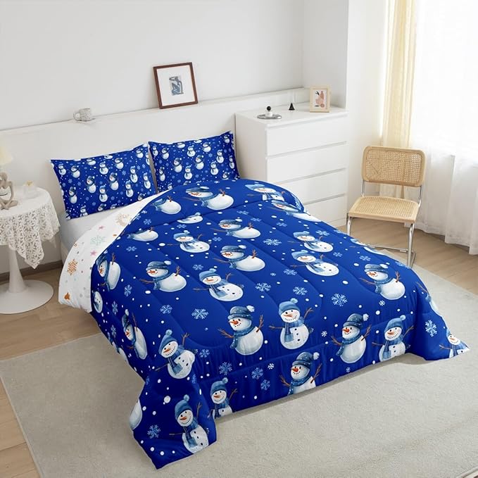 jejeloiu Kids Cute Winter Snowman Comforter Set Twin Size Blue Christmas Theme Bedding Set for Boys Girls Teens Xmas Snowflake Happy New Year Duvet Quilt Room Decor