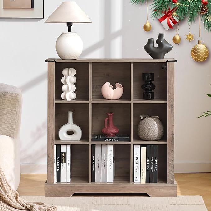 9 Cube Storage Organizer, 3 Tier Book Shelf with Led Lights, Farmhouse Book Shelves for Living Room, Horizontal Toy Storage Bookshelf, Wood Display Bookcase Cabinet for Bedroom, Office, Grey