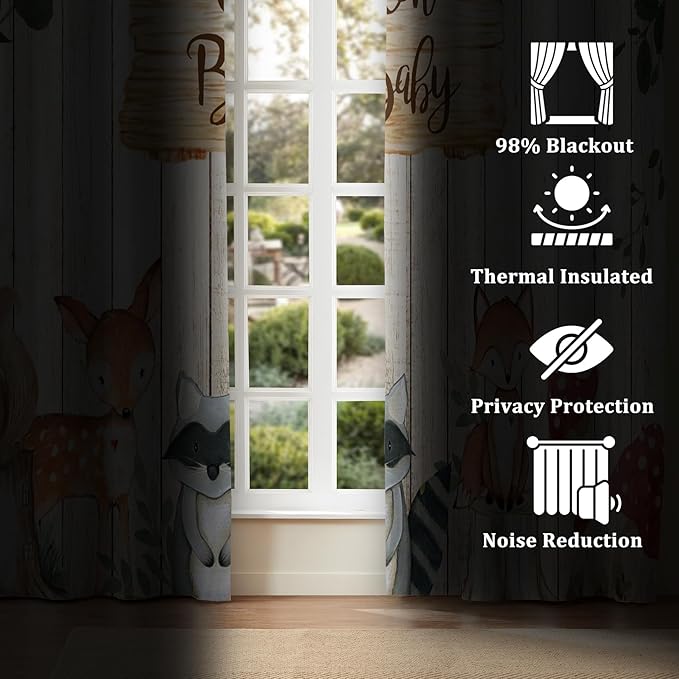 Renaiss 42 x 84 Inch African Safari Baby Curtains Grommet Blackout Window Curtain Planks Animals Tropical Tree Stump Fox Squirrel Mushrooms Print Window Treatment for Kids Boys Bedroom Decor 2 Panels