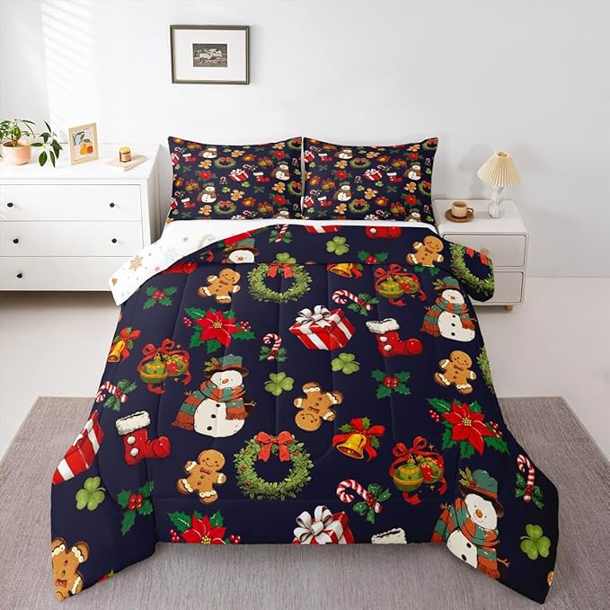 jejeloiu Merry Christmas Comforter Set Queen Size Cute Snowman Bedding Set for Kids Boys Girls Gingerbread Man Duvet Quilt Dark Blue Bedroom Decor