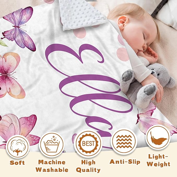 Personalized Baby Blanket for Girls, Custom Name Blanket for Newborn New Mom, Soft Flannel with Double Layer Dotted Backing, Ideal Gifts for Baby Shower Christmas Birthday, Butterfly(30”x40)