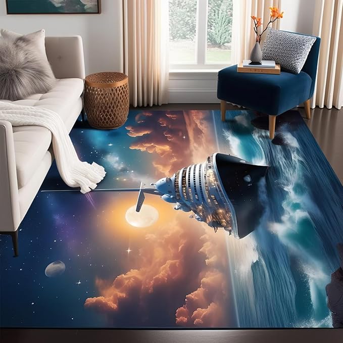 Nautical Ship Rug for Kids Room Galaxy Ferry Boat Rugs for Boys Bedroom Ocean Cloud Carpet Sun Planet Printed Throw Rugs for Teens Living Room,39 in x 79 in
