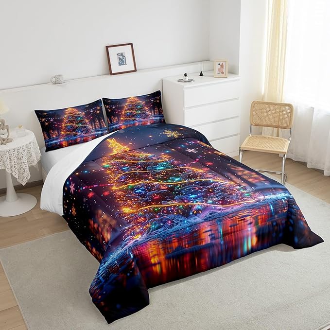 3D Christmas Tree Comforter Set Queen Size,Snowflake Glitter Polka Dot Bedding Set for Kids Boys Girls Room Decor,Merry Christmas Duvet Insert 3Pcs,Xmas Neon Style Fashion Quilt Set,2 Pillowcases