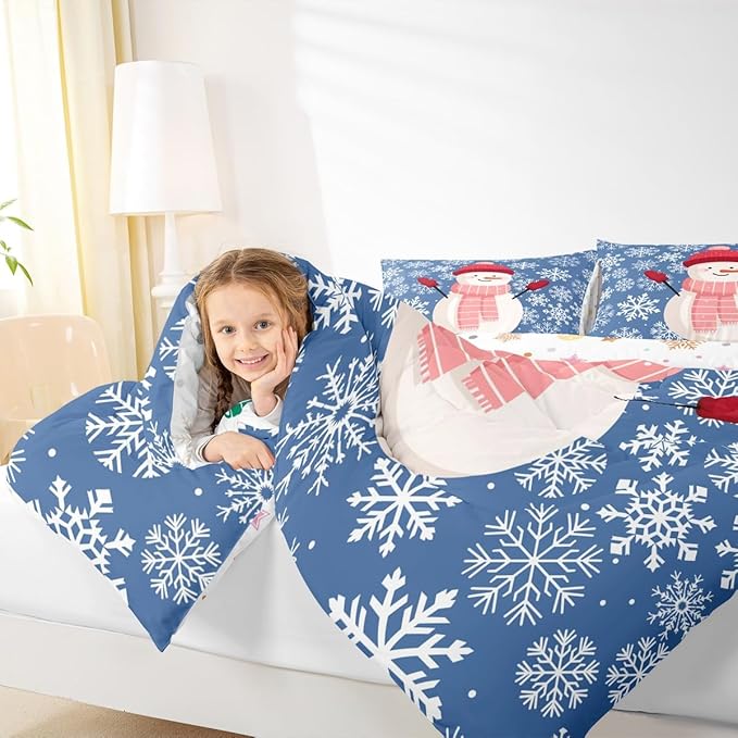 Feelyou Christmas Comforter Set Toddler Size Snowman Blue Bedding Set for Kids Boys Girls Xmas Snowflakes Duvet Quilt Winter Snow Bedroom Decor Microfiber 2 Pcs with 1 Pillow Cases