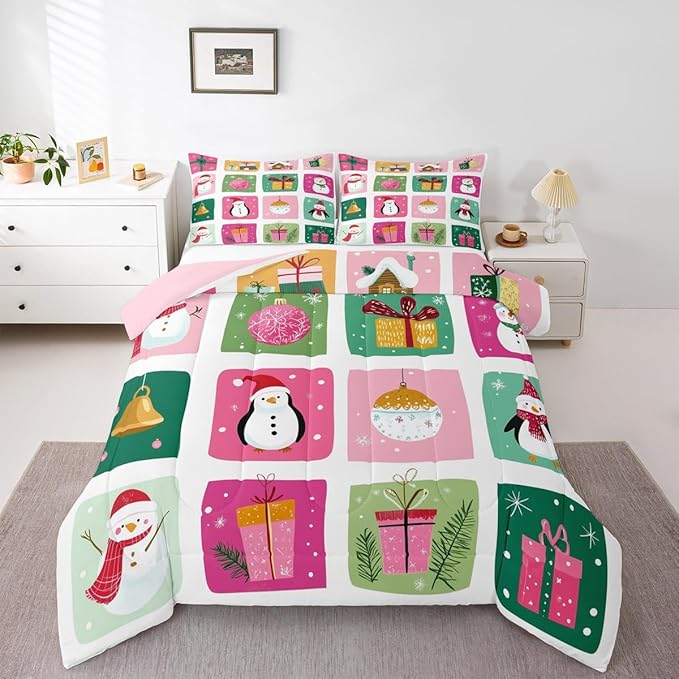 Feelyou Happy New Year Bedding Set Soft for Boys Girls, Christmas Decor Comforter Set Full Size Merry Christmas Duvet Quilt Microfiber Winter Penguin Bedroom Decor 3 Pcs with 2 Pillow Cases