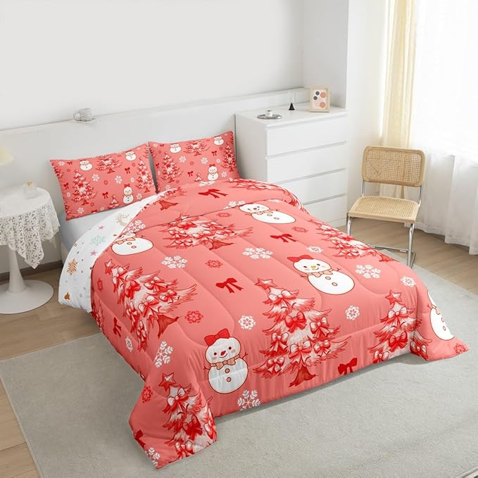 Feelyou Merry Christmas Kids Comforter Set King Size Cute Snowman Bedding Set Cartoon Bowknot Duvet Quilt for Kids Boys Girls Bedroom Christmas Tree Decor Microfiber Ultra Soft Breathable