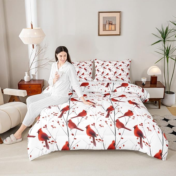 Feelyou Berries and Cardinals Pattern Comforter Set All Season Red Cardinal Bedding Set with 2 Pillow Cases Christmas Kids Full Bedclothes Bird Print Decor Animal Decor Duvet Quilt Soft Lightweight