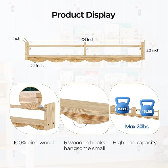 34Inch Nursery Book Shelves Wall Mounted, Floating Book Shelf for Kids Coat Rack with 6 Hooks, Wall Hanging Shelf for Baby Nursery Room Organizer ，Patent Number:US-D1058229-S(4, Burlywood)