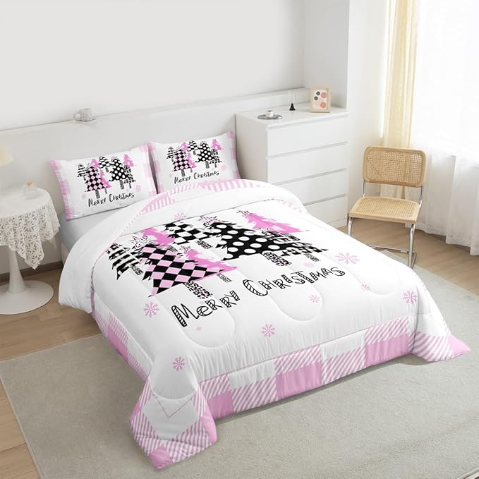 Manfei Xmas Trees Comforter Set Queen Size, Pink Plaid Grid Snowflake Down Comforter with 2 Pillowcases, Christmas Theme Bedding Set 3pcs for Kids Girls Adults Room Decor New Year Duvet Insert