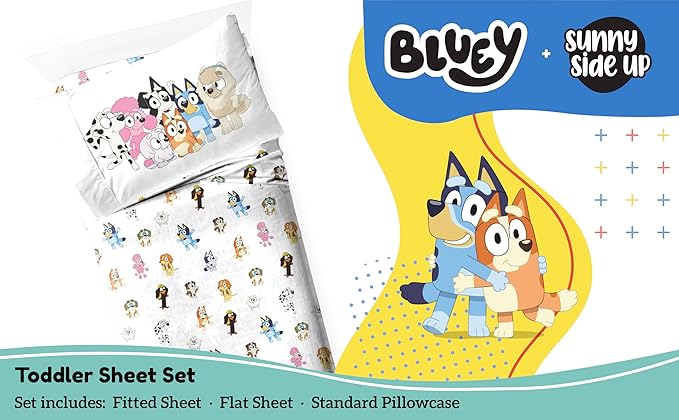 Bluey & Friends Toddler Sheet Set - 3 Piece Toddler Bedding Set Includes Pillow Cover - Super Soft Microfiber Sheets