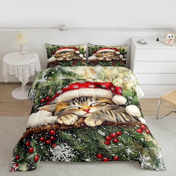 Xmas Cat Kids Comforter Set Full Size,Snowflake Holly Berry Winter Bedding Set,Girls Boys Room Decor,Christmas Poinsettia Animal Quilt Comforter,Green Yellow Duvet Set Bedroom Quilt Set,2 Pillowcases