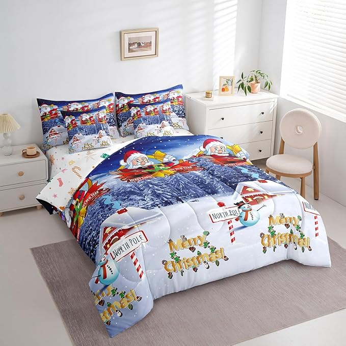 Feelyou Kids Christmas Bed in a Bag Xmas Santa Claus Queen Size Bed Set for Boys Girls Merry Christmas Warmth Comforter Set with Sheets Galaxy Blue Decor Bedding Set Bedroom Collection Boys