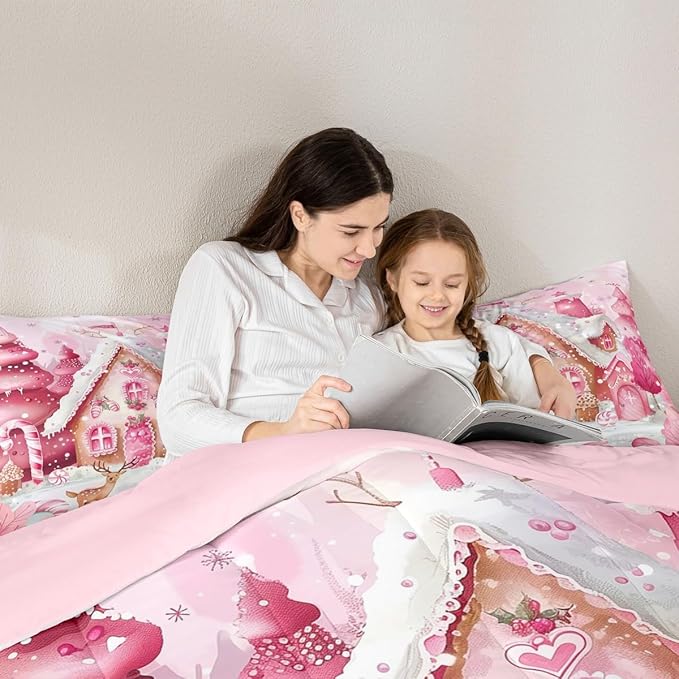 jejeloiu Kids Christmas Theme Comforter Set Queen Size Pink Xmas Candy Cane House Bedding Set for Boys Girls Teens Cute Cartoon Deer Winter Animal Happy New Year Duvet Quilt Room Decor