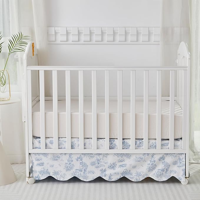 Brandream French Country Toile Crib Skirt, Baby Girl Gender Neutral Crib Skirt Scalloped Toddler Bedskirt Vintage Blue Toile Floral Print 100% Cotton Farmhouse Chic Nursery Crib Bed Skirt