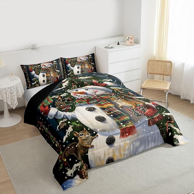 Feelyou Christmas Kids Comforter Set Queen Size Snowman Squirrel Bedding Set Snowflake Gift Duvet Quilt for Kids Boys Girls Bedroom Branch Berry Decor Microfiber Ultra Soft Breathable