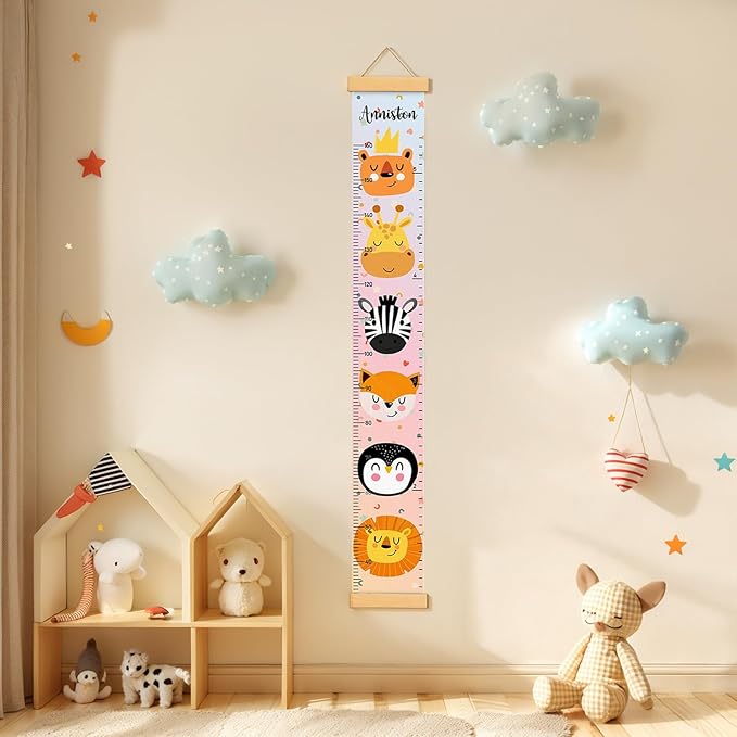 Personalized Name Height Chart for Kids, Kids Growth Chart for Wall, 59" X 7.9" Canvas Removable Height Chart Measuring Ruler for Kids & Baby(Painted Animal）