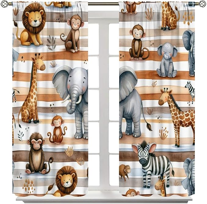 Kids Animal Curtains Elephants Giraffes Monkeys Lions Zebras Window Treatment for Kids Boys Girls Nursery Baby Bedroom Playroom Home Decor Window Drapes 55" W X 63" L