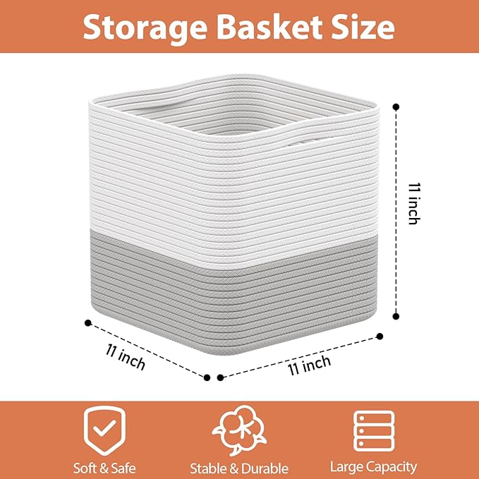 Storage Cotton Cube 11 Inch, Woven Cotton Rope Storage Basket for Toys Blanket Organizing, Storage Bin Decorative Organizer with Handles for Living Room Laundry Room Closet (1 Pack, Grey)