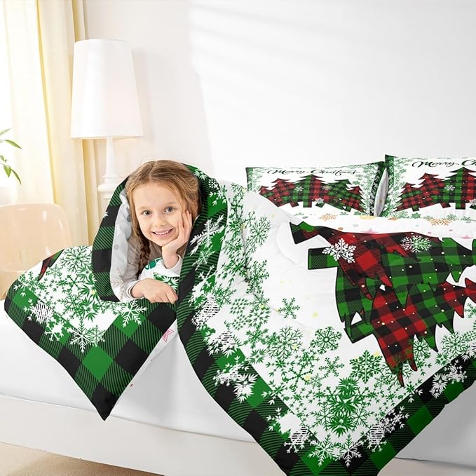 Merry Christmas Comforter Set Toddler Size,Pine Trees Grid Green White Snowflake Glitter Shiny Bedding Set for Kids Girls Boys,Winter Festival Plaid Checkered Quilted Set with 1 Pillowcase