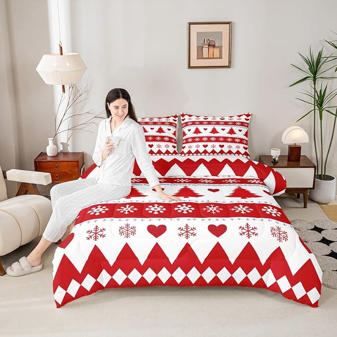 Feelyou Christmas Comforter Set Full Size Xmas Tree Bedding Set for Kids Boys Girls Snowflake Heart Duvet Quilt Geometric Bedroom Decor Microfiber 3 Pcs with 2 Pillow Cases