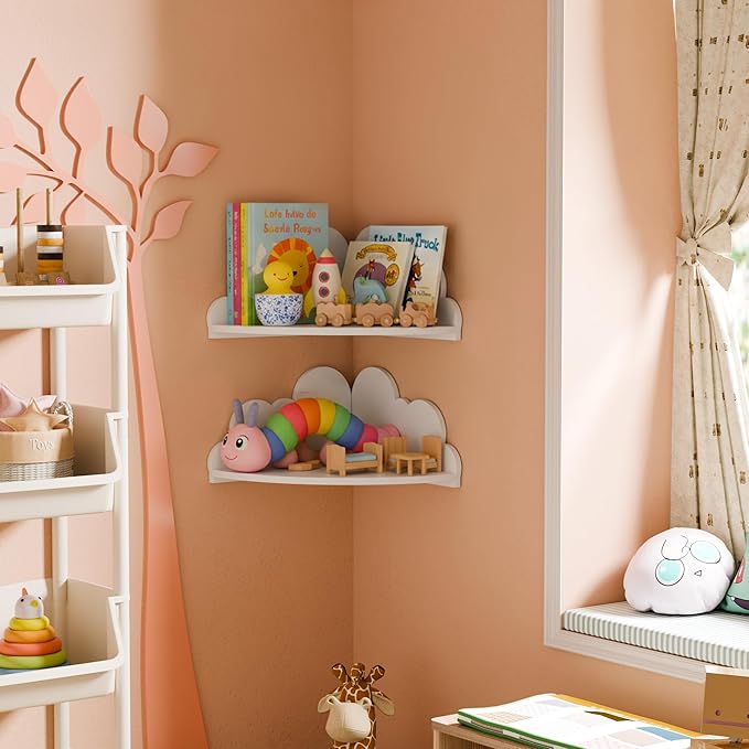 Cute Cloud Floating Corner Shelves - 2-Tier Cloud Corner Shelf Wall Mounted for Kid’s Room, Nursery Wall Decor, Small Cute Display Shelves for Toys, Plants & Storage