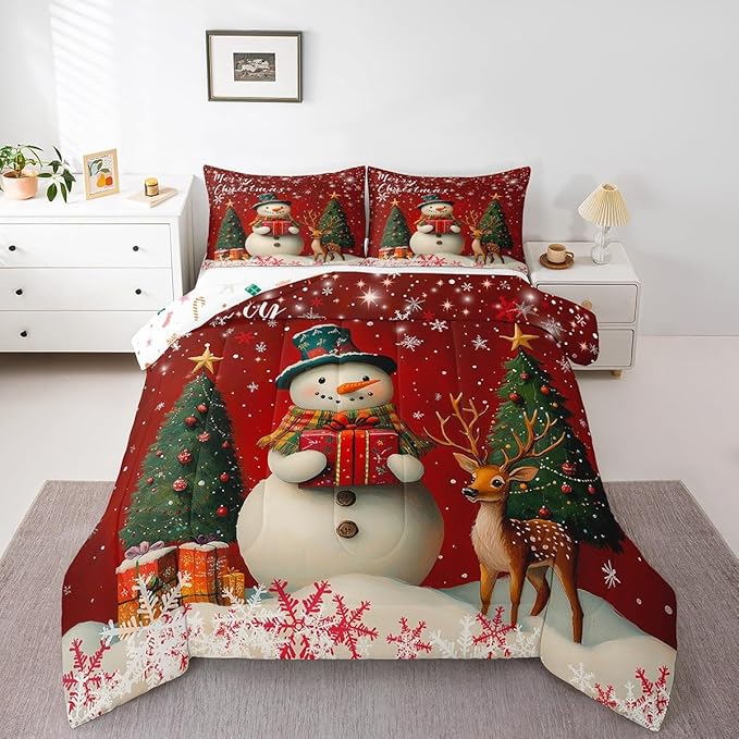 Manfei Merry Xmas Bedding Set King Size,Cute Deer Snownman Comforter Set for Kids Boys Teens Adult Room,Christmas Tree Gift Down Comforter Soft Quilt with 2 Pillow Cases