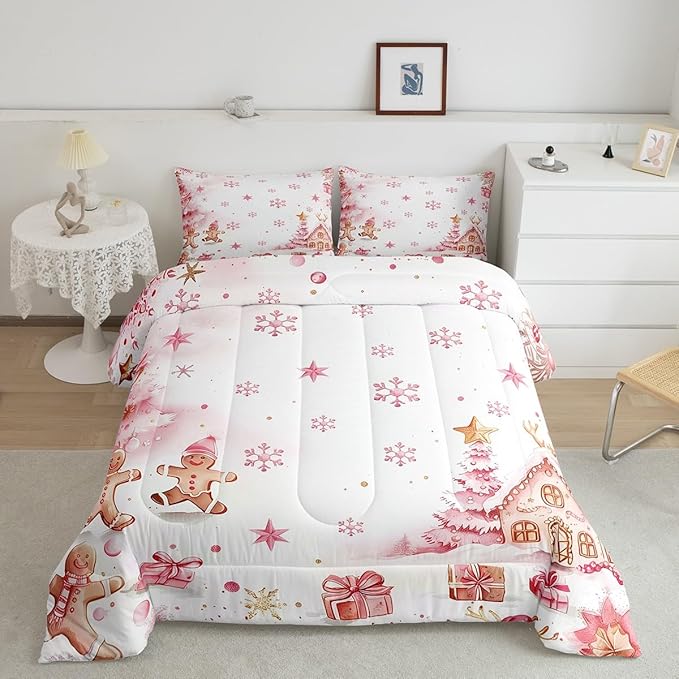 jejeloiu Kids Christmas Theme Comforter Set Full Size Pink Xmas Gingerbread Man Bedding Set for Boys Girls Teens Candy House Snowflake Winter Happy New Year Duvet Quilt Room Decor