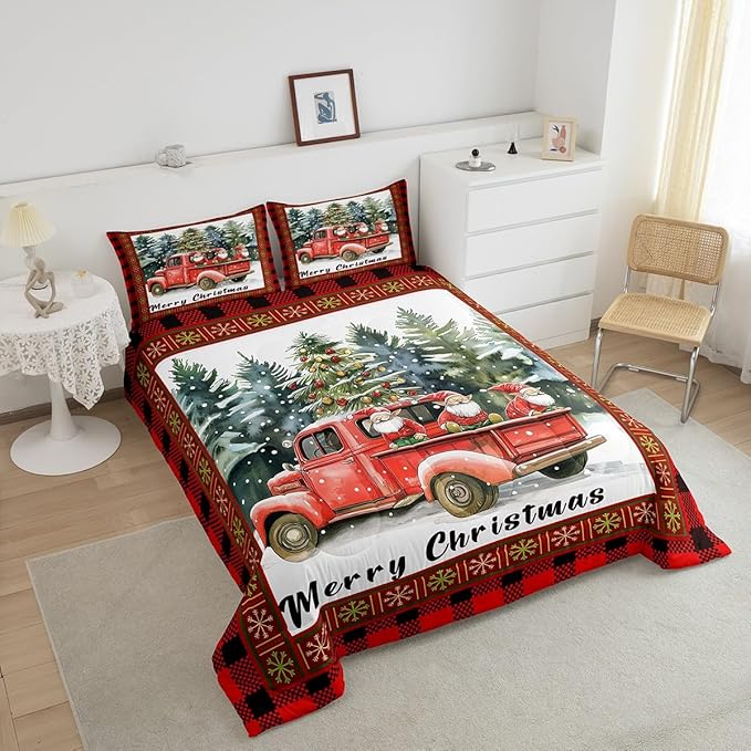 Merry Christmas Bedding Set Full Size,Retro Red Truck Christmas Tree Comforter Set for Kids Boys Girls Room Decor,Gnome Snowflake Xmas Duvet Insert 3Pcs,Black Red Plaid Quilt Set,2 Pillowcases