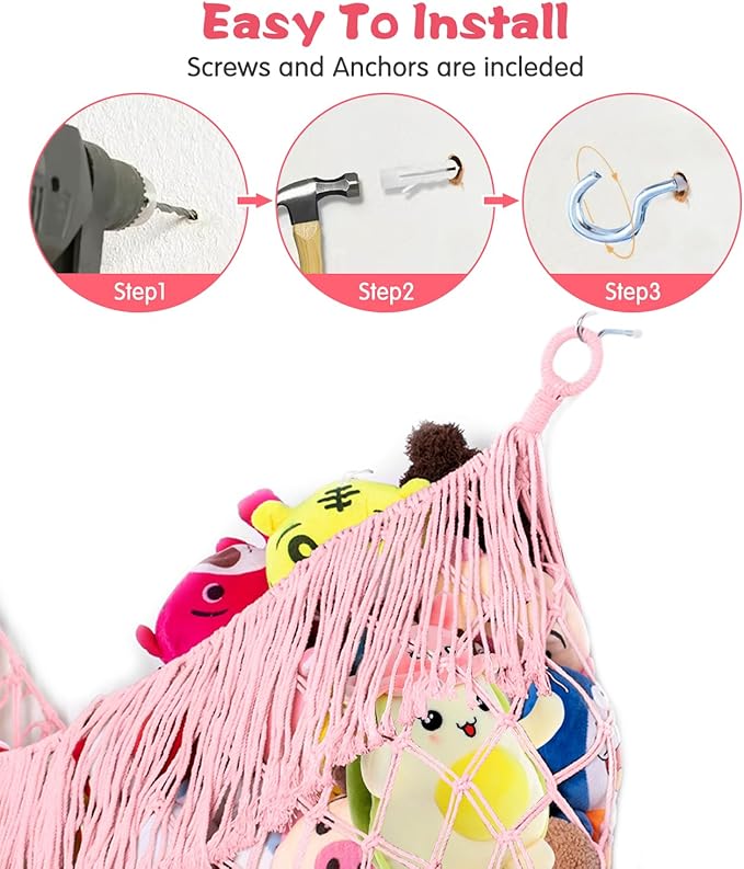 Stuffed Animal Hammock - Extra Large 63'' Long, Stuffed Animal Storage, stuffed animal Holder net, Toy Hammock Large, Toy Storage Hanging Organizer - Light pink