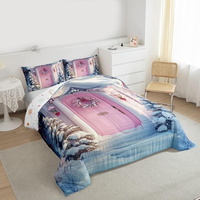 Feelyou Merry Christmas Kids Comforter Set Twin Size Winter Snowscape Bedding Set Pink Door Duvet Quilt for Kids Boys Girls Bedroom Garland Xmas Tree Decor Microfiber Ultra Soft Breathable
