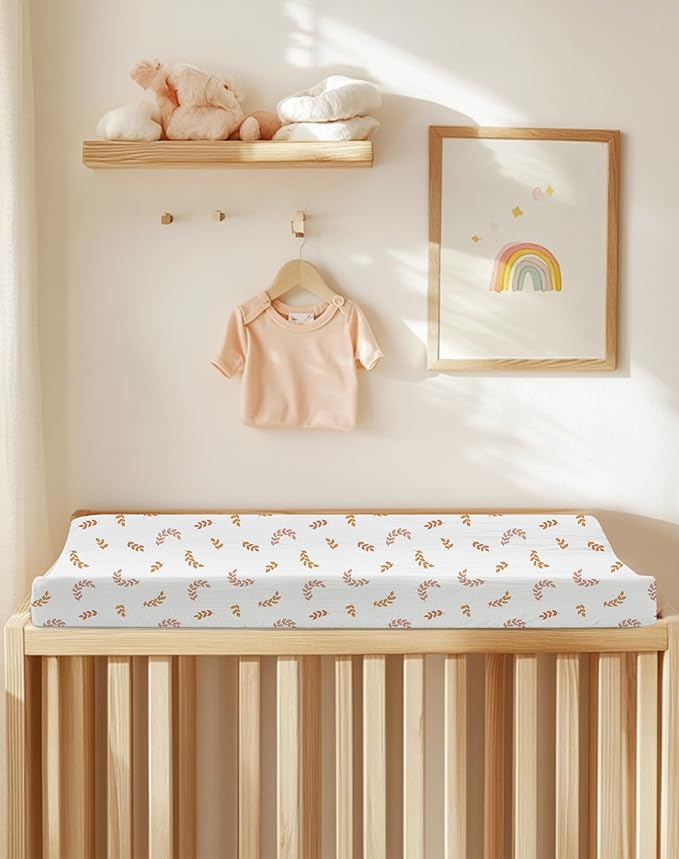 Changing Pad Cover for Baby Boy Girl 2 Pack, Muslin Changing Table Pad Covers with Boho Style, Neutral Nursery Bedding Essentials Soft and Breathable(Brick & Leaf)