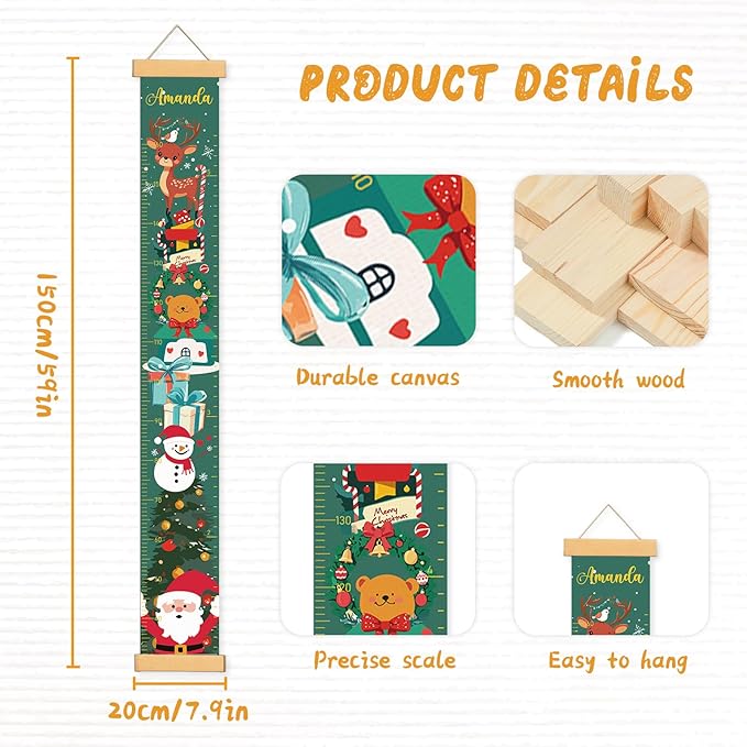 Canvas Height Chart Ruler Removable Hanging Wall Ruler Measurement Chart for Home Decoration, Waterproof Measuring Board, Foldable（Christmas Deer）