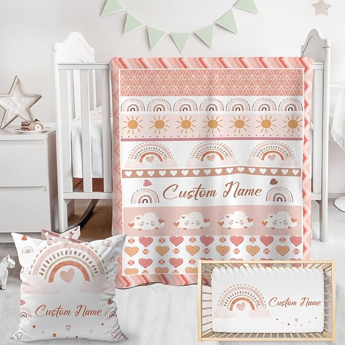 Personalized Baby Crib Bedding Set,3 Piece Custom Name Nursery Set with Blanket, Fitted Sheet & Pillowcase for Baby Girls & Boys, Boho Rainbow Theme(Fixed Size)