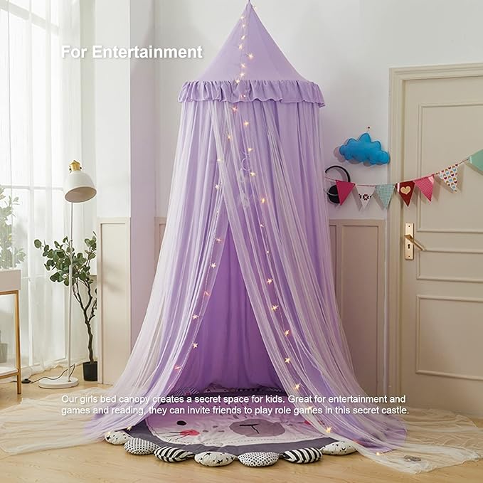 Bed Canopy for Girls, Double Layer Dome Mosquito Net Princess Canopy for Girls Bed Room Decor Reading Nook (Purple)