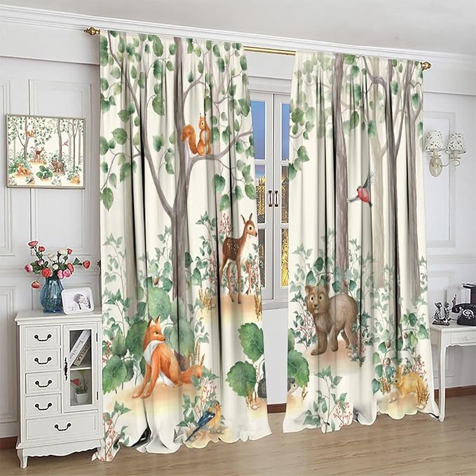 Forest Animal Curtains,Fox Elk Bird Animal Watercolor Woodland Print Curtains Kids Nursery Bedroom Living Room Home Decoration 84x84in