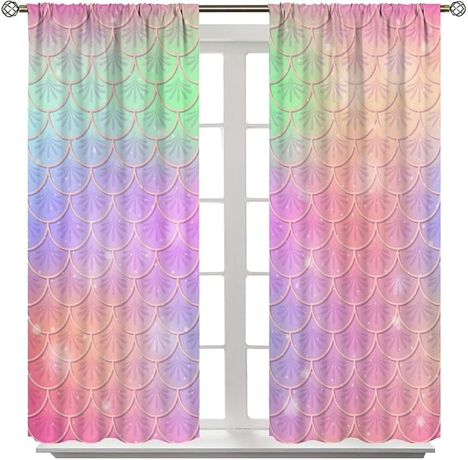 Mermaid Curtains, Kids Cartoon Watercolor Sea Animals Mermaid Princess Scales Pattern Print Living Room Decoration for Kids Girls Bedroom Nursery 42x63 Inch