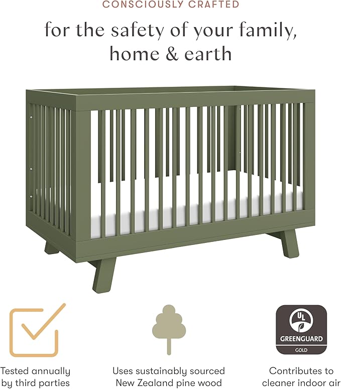 babyletto Hudson 3-in-1 Baby Crib Convertible to Toddler Bed & Daybed - GREENGUARD Gold Certified - 4 Adjustable Heights - Made of 100% Solid Wood - Includes Toddler Conversion Kit - Olive Green