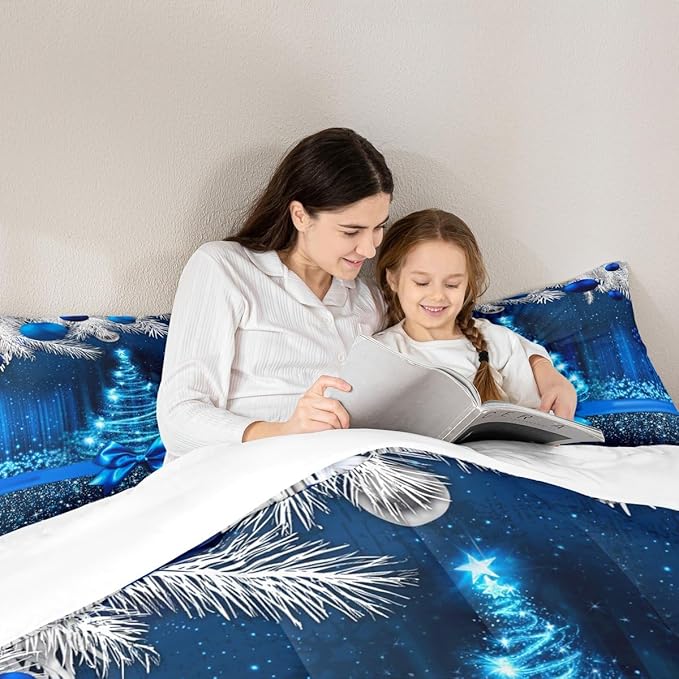 Merry Christmas Kids Comforter Set Full Size,Snowflake Christmas Tree Bowknot Bedding Set,Girls Boys Adults Xmas Decor,Blue Gradient Line Glitter Down Comforter,Romantic Duvet Insert,2 Pillowcases