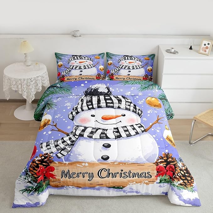 Feelyou Merry Christmas Comforter Set All Season Cute Snowman Bedding Set with 1 Pillow Cases Snowflake Microfiber Kids Toddler Bedclothes Winter Bedroom Decor Duvet Quilt Breathable Soft