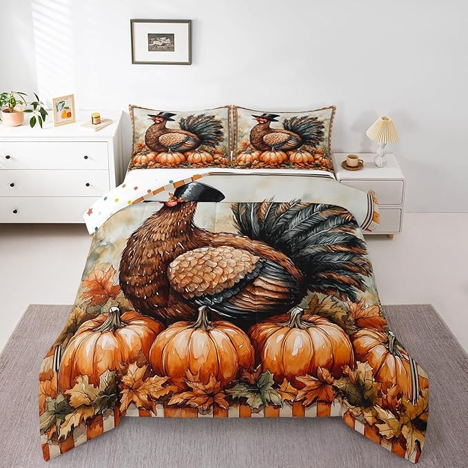 Feelyou Boys Girls Thanksgiving Comforter Cover Twin Size, Fall Autumn Comforter Set for Turkey Duvet Cover Kids Pumpkin Teens Bedspread Cover Bedroom Decor Bed Set 2Pcs
