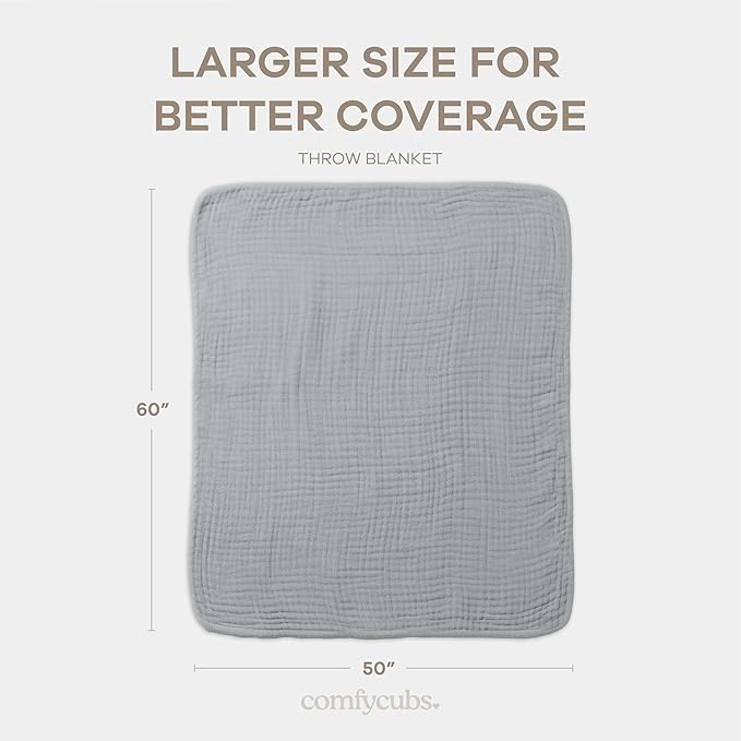 Comfy Cubs Muslin Throw Blanket - 50” x 60” Quilted Design - Lightweight, Breathable 6-Layer Gauze Fabric - Soft Cotton Blanket for Home or Travel - Packaged in Elegant Gift Box - Heather Blue