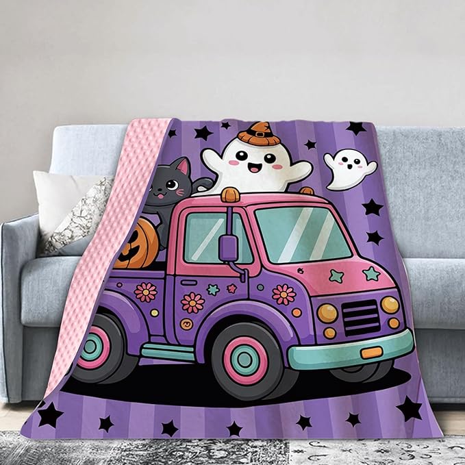 Personalized Halloween Blanket for Baby Girls, Custom Baby Blanket with Name, Ghost Pumpkin Truck Pattern Soft Minky Dot Blanket, Halloween Decor Christmas Birthday Gifts for Kids Toddlers