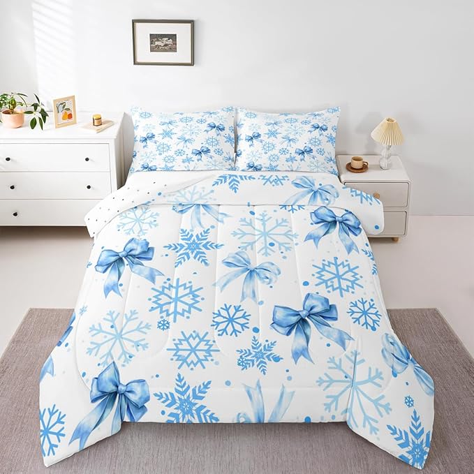 Lovely Bowknot Kids Bedding Set King Size,Dreamy Bowknot Dots Snowflake Comforter Set,Winter Merry Christmas Girly Quilt Comforter,Blue White Bedroom Duvet Insert,2 Pillowcases