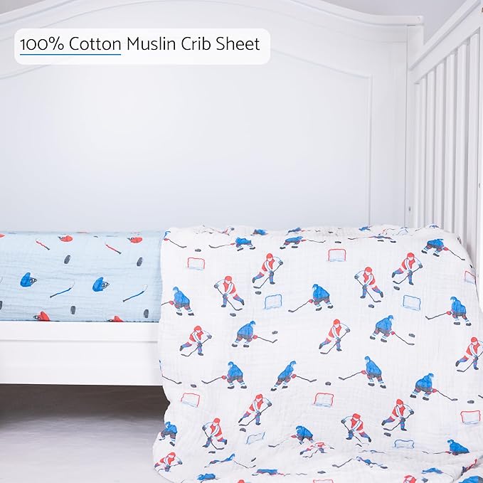 LollyBanks Muslin Crib Sheet for Boys 1 Pack, 100% Cotton Soft and Breathable Crib Fitted Sheet for Standard 52"x28" Mattress, Cozy and Snug Baby Bed Sheets, Baby Essentials (Ice Hockey Print)
